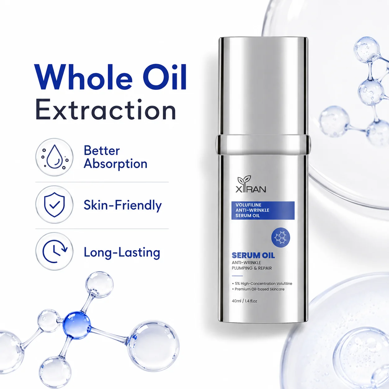 Anti-wrinkle serum oil product with whole oil extraction benefits listed, including better absorption, skin-friendly, and long-lasting features.